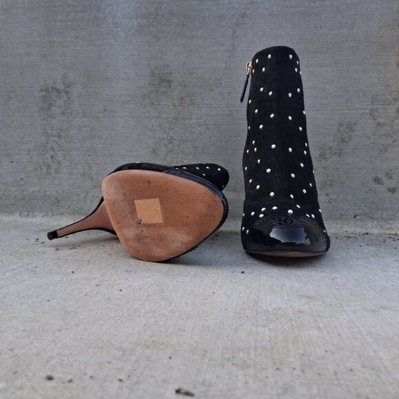 Chanel Black Suede Pearl Dot Ankle Booties EU 38 US 8 Patent Cap Toe - Picture 9 of 11